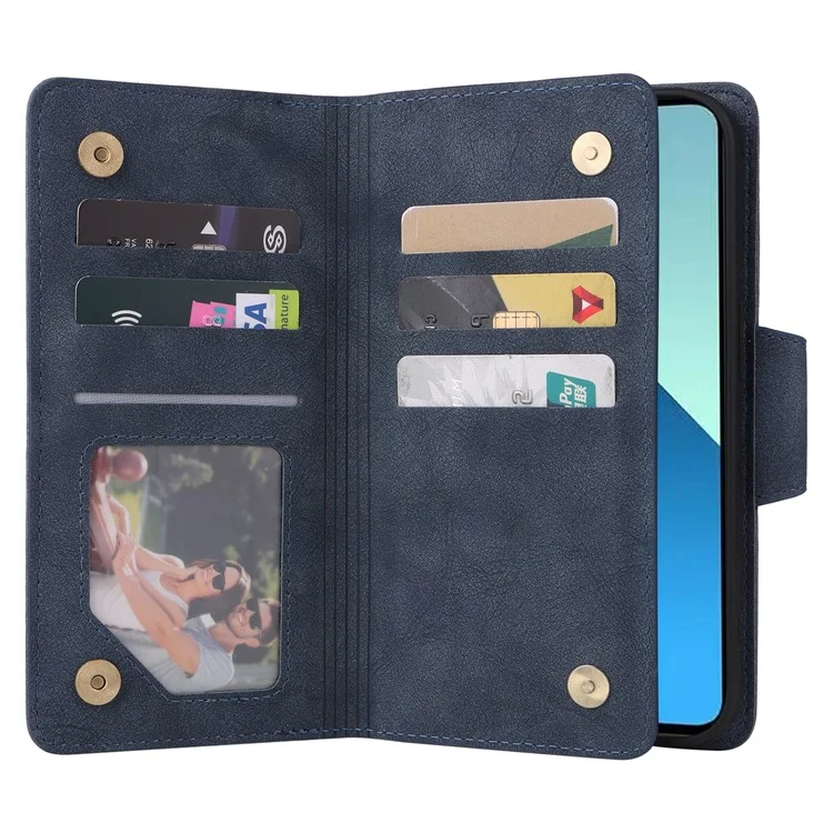 Для Xiaomi Redmi Note 13 4G Phone Wallet Case Rivet Decor Leather Stand Cover - Blue