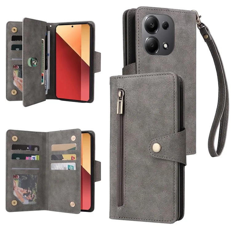 For Xiaomi Redmi Note 13 Pro 4G / Poco M6 Pro 4G Case Leather Wallet Phone Cover Rivet Decor - Grey