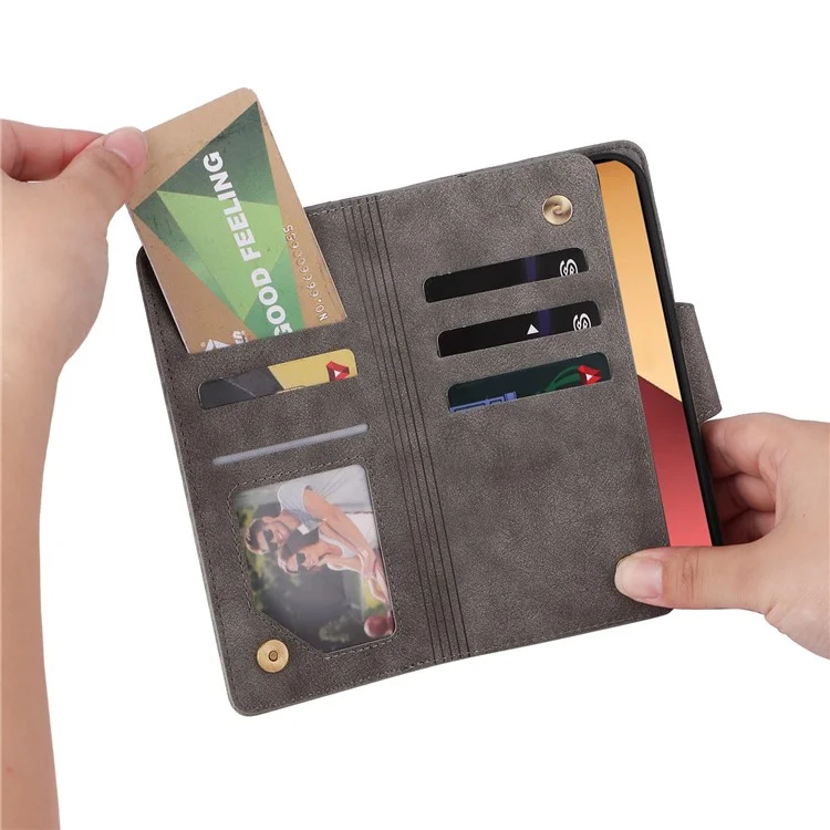 For Xiaomi Redmi Note 13 Pro 4G / Poco M6 Pro 4G Case Leather Wallet Phone Cover Rivet Decor - Grey