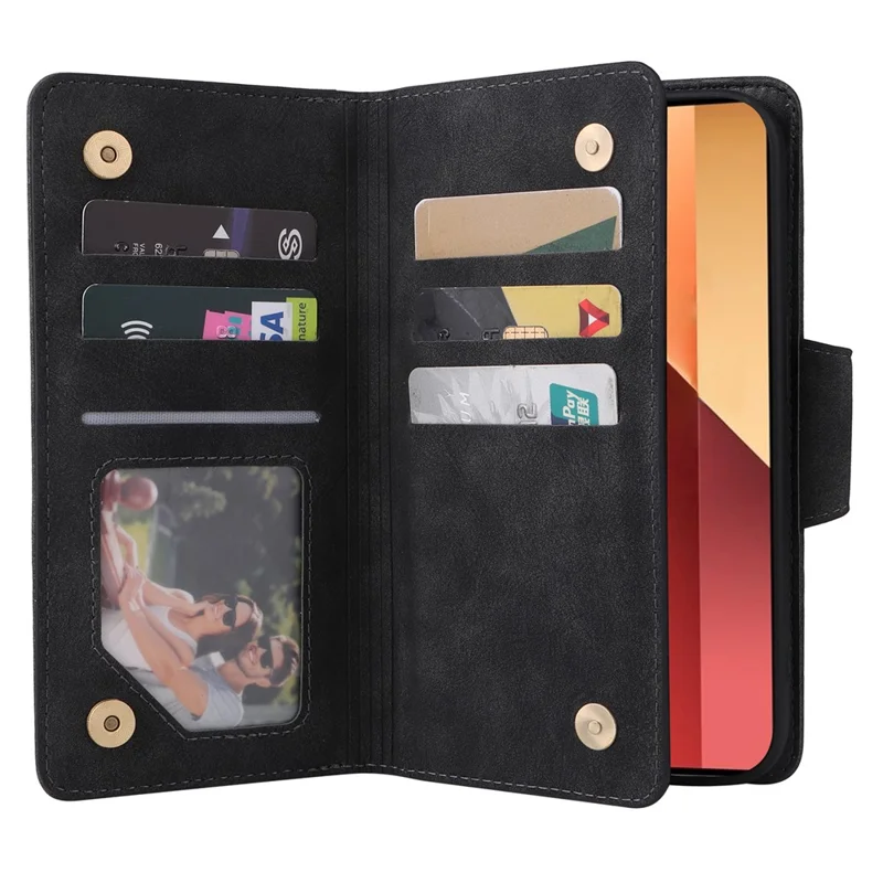 For Xiaomi Redmi Note 13 Pro 4G / Poco M6 Pro 4G Case Leather Wallet Phone Cover Rivet Decor - Black