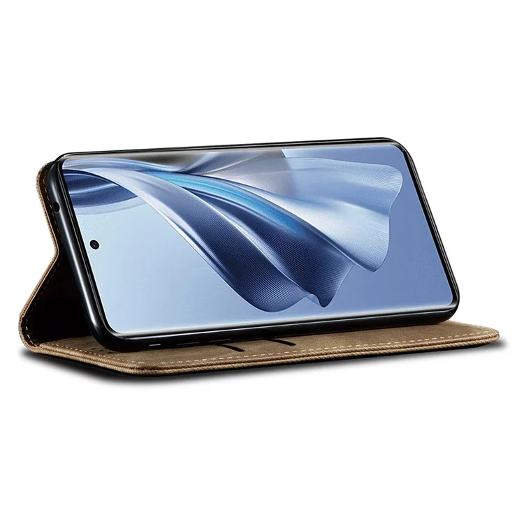 For Oppo Reno11 F 5G / F25 Pro 5G Magnetic Phone Case Jeans Cloth Texture Stand View Cover - Khaki