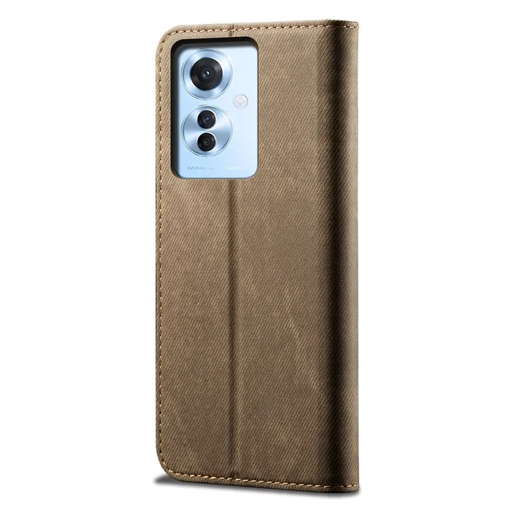 For Oppo Reno11 F 5G / F25 Pro 5G Magnetic Phone Case Jeans Cloth Texture Stand View Cover - Khaki