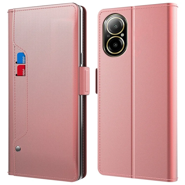 For Realme C67 4G Leather Case with Mirror PU+TPU Leather Stand Case Phone Cover with Card Holder - Rose Gold