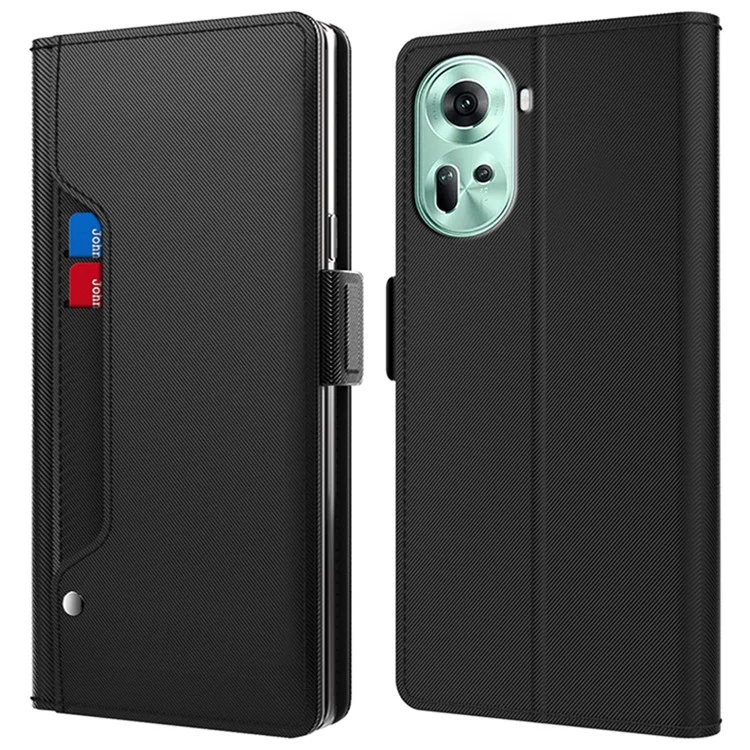 For Oppo Reno11 5G (Global) Leather Phone Stand PU+TPU Phone Flip Cover with Mirror Cell Phone Cover Shell - Black