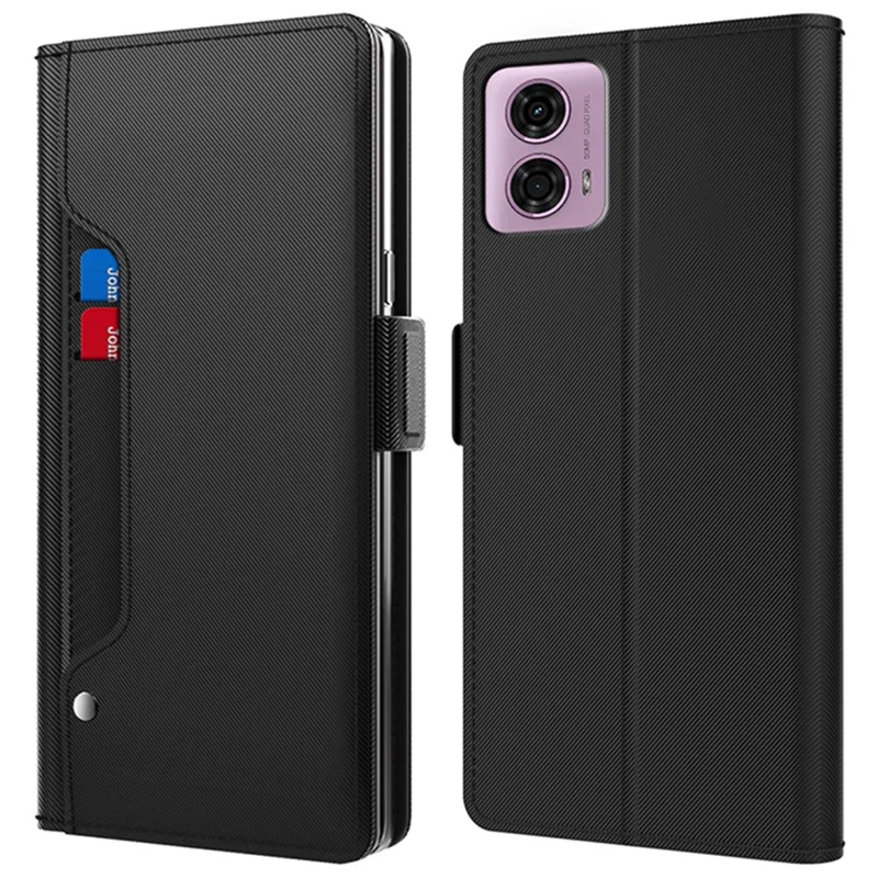 For Motorola Moto E14 4G / G04 4G / G04s 4G / G24 4G Leather Phone Shell PU+TPU Magnetic Cell Phone Cover With Mirror - Black