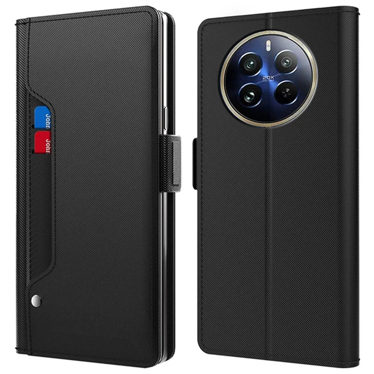 For Realme 12 Pro 5G / 12 Pro+ 5G Case PU+TPU Leather Phone Cover Wallet Card Holder with Mirror - Black