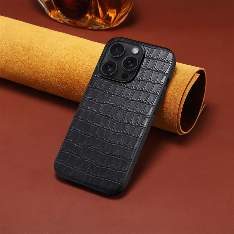 For iPhone 13 Pro Max Case Crocodile Textured Leather Covered Hybrid Slim Phone Case - Black