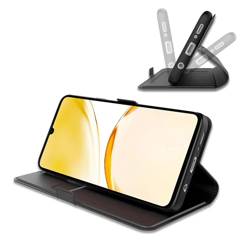 For Realme 12 4G / 12+ 5G Case Card Holder Folding Stand PU Leather Phone Cover - Black
