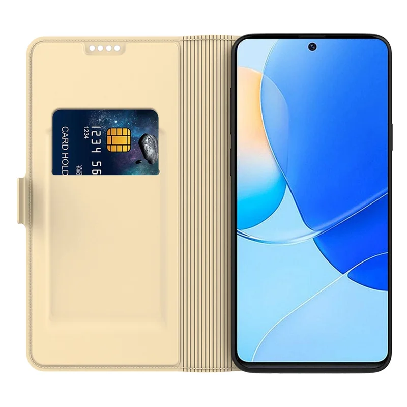 For Huawei nova Y72 4G / Enjoy 70 Case Card Holder Viewing Stand PU Leather Phone Cover - Gold