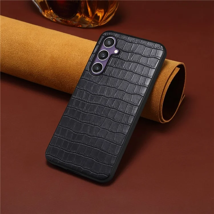 For Samsung Galaxy S23 FE Cases Crocodile Textured Leather+PC+TPU Slim Phone Cover - Black