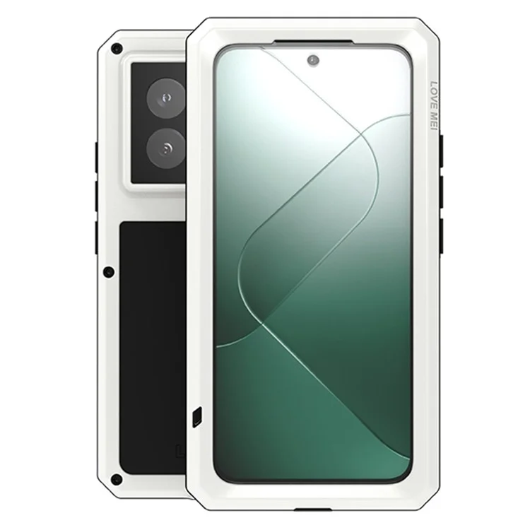 LOVE MEI For Xiaomi 14 Rugged Case Tempered Glass Film Metal+Silicone Phone Cover - White