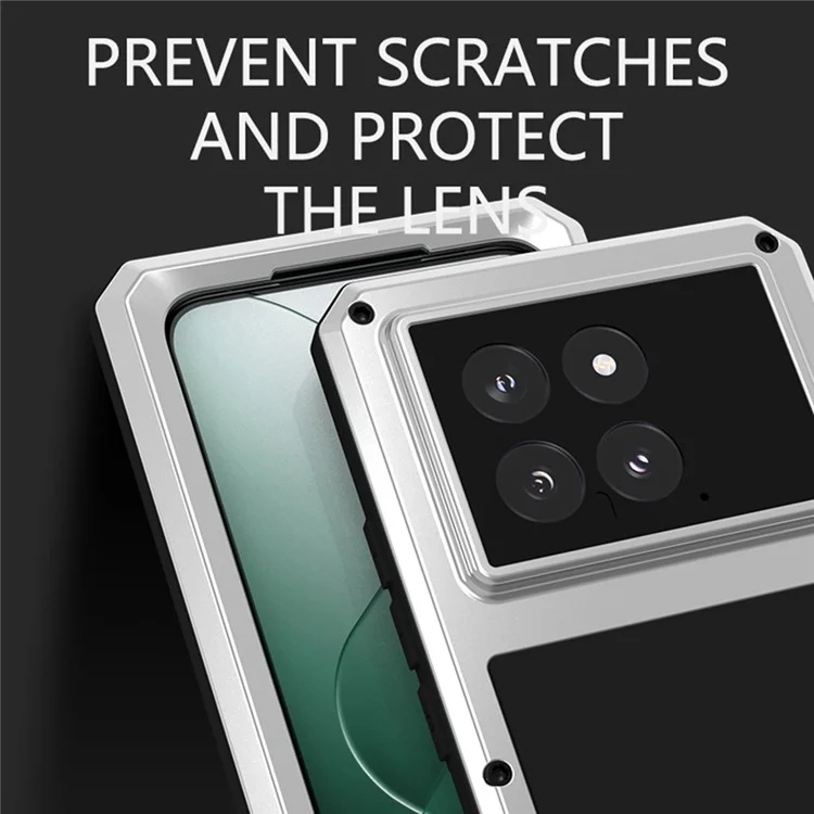 LOVE MEI For Xiaomi 14 Rugged Case Tempered Glass Film Metal+Silicone Phone Cover - White