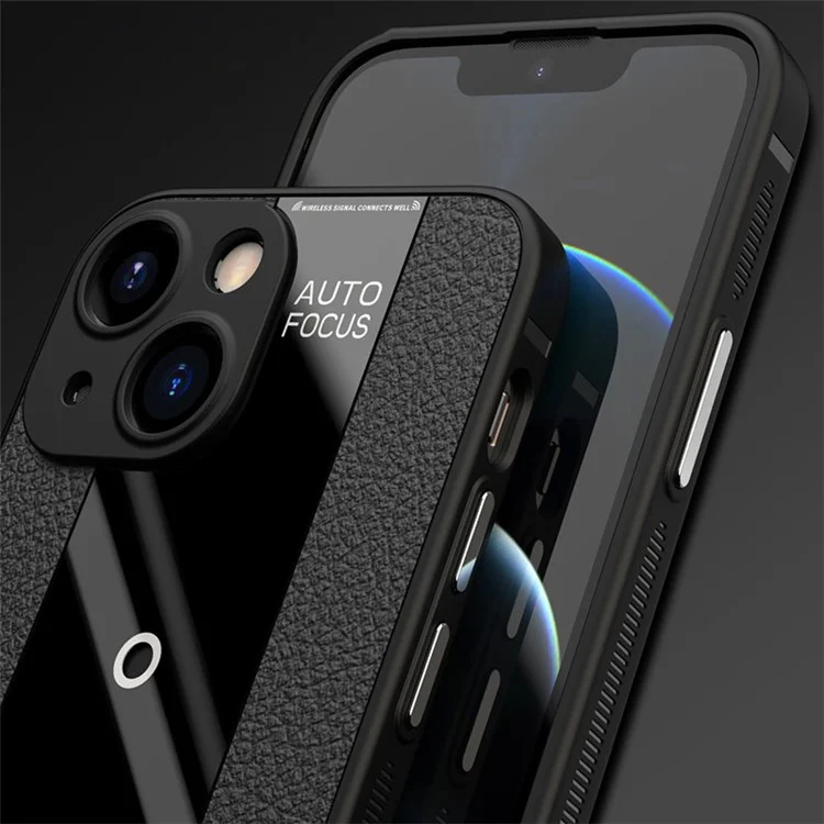 Q.COO For iPhone 14 Plus Slim Phone Cover PU Leather+TPU+Acrylic Phone Case Textured Design Shell - Black