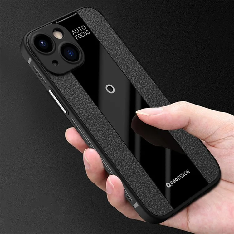 Q.COO For iPhone 14 Plus Slim Phone Cover PU Leather+TPU+Acrylic Phone Case Textured Design Shell - Black
