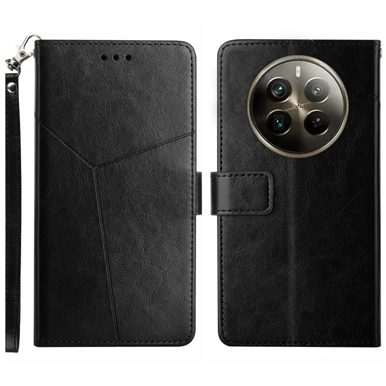 HT01 For Realme 12 4G / 12+ 5G Case Flip Wallet Leather Cover Y-Shaped Lines Imprinted - Black