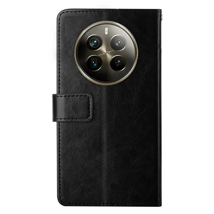 HT01 For Realme 12 4G / 12+ 5G Case Flip Wallet Leather Cover Y-Shaped Lines Imprinted - Black