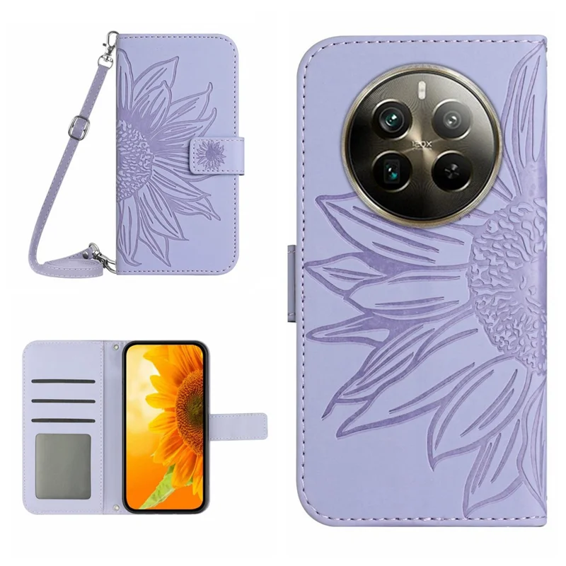 HT04 Para Realme 12 Pro 5G / 12 Pro+ 5G Case Sunflower Leather Crossbody Phone Cover - Light Purple