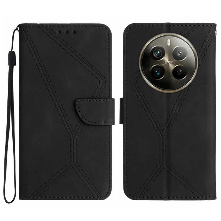 HT05 Für Realme 12 4G / 12+ 5G Wallet Case Pu-Leder Standtelefon Abdeckung Linien Geprägt - Schwarz
