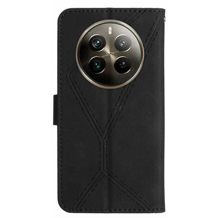 HT05 Für Realme 12 4G / 12+ 5G Wallet Case Pu-Leder Standtelefon Abdeckung Linien Geprägt - Schwarz