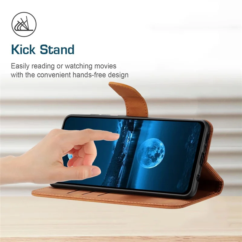HT05 For Realme 12 4G / 12+ 5G Wallet Case PU Leather Stand Phone Cover Lines Imprinted - Brown