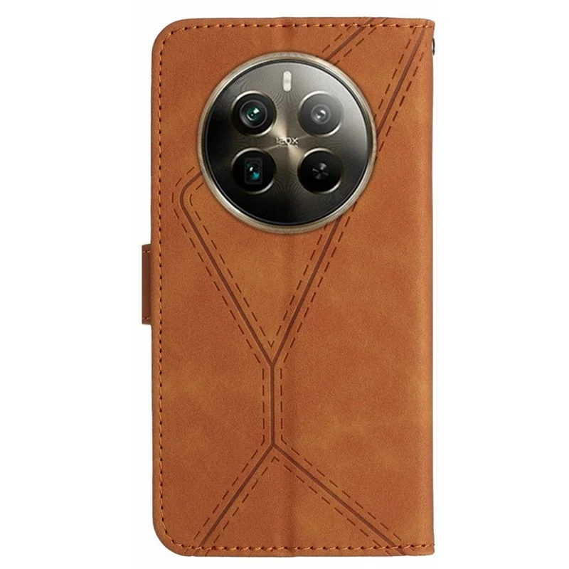 HT05 For Realme 12 4G / 12+ 5G Wallet Case PU Leather Stand Phone Cover Lines Imprinted - Brown