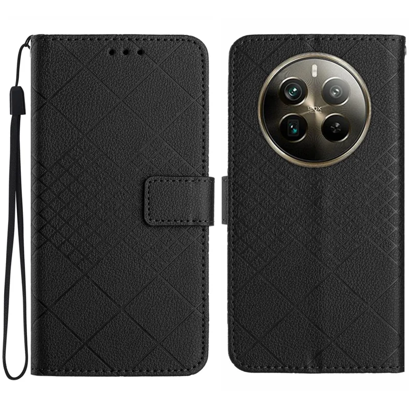 HT06 Per Realme 12 4G / 12+ 5G Case Rhombus Litchi Texture Wallet Custodia in Pelle - Nero