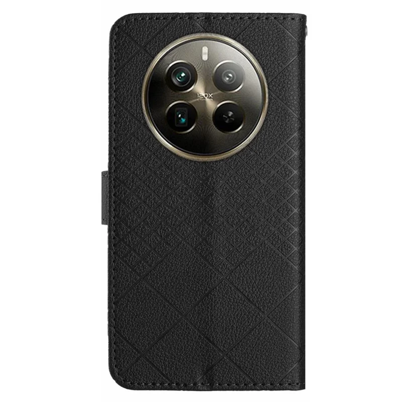 HT06 Per Realme 12 4G / 12+ 5G Case Rhombus Litchi Texture Wallet Custodia in Pelle - Nero