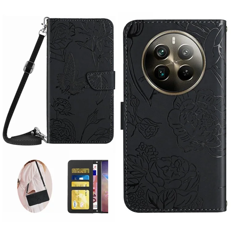 HT03 Para Realme 12 Pro 5G / 12 Pro+ 5G Case Borboleta Flor Capa de Telefone de Couro com Alça de Ombro - Preto