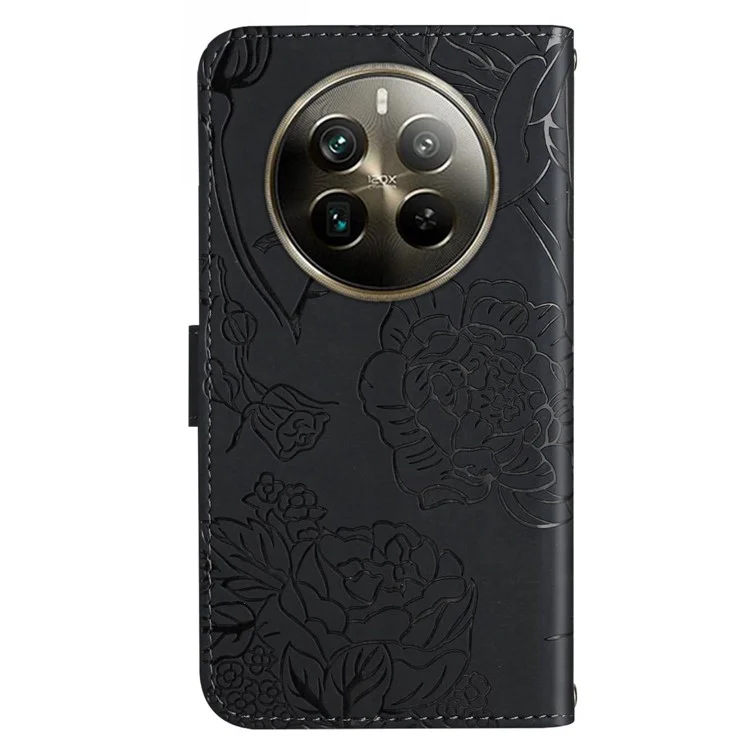 HT03 Para Realme 12 Pro 5G / 12 Pro+ 5G Case Borboleta Flor Capa de Telefone de Couro com Alça de Ombro - Preto