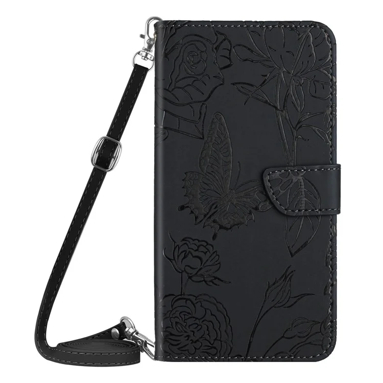 HT03 Para Realme 12 Pro 5G / 12 Pro+ 5G Case Borboleta Flor Capa de Telefone de Couro com Alça de Ombro - Preto