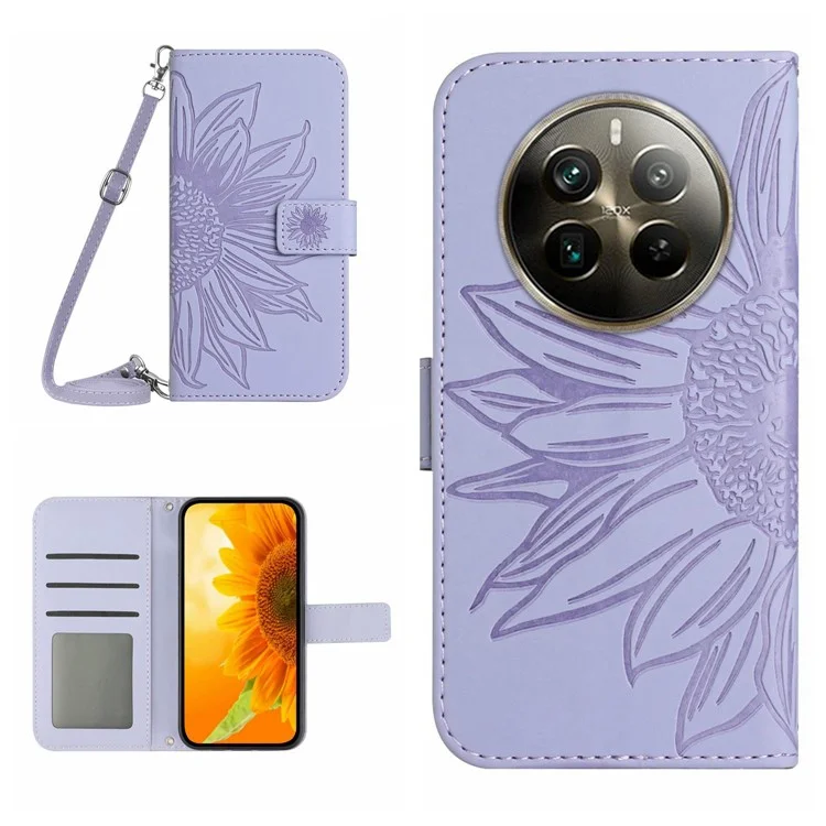 HT04 Per Realme 12 4G / 12+ 5G Custodia a Tracolla Girasole in Pelle PU Flip Wallet Cover - Lilla Chiaro