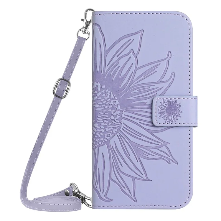 HT04 Per Realme 12 4G / 12+ 5G Custodia a Tracolla Girasole in Pelle PU Flip Wallet Cover - Lilla Chiaro