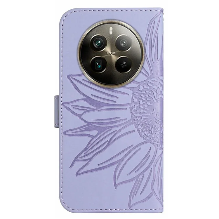 HT04 Per Realme 12 4G / 12+ 5G Custodia a Tracolla Girasole in Pelle PU Flip Wallet Cover - Lilla Chiaro