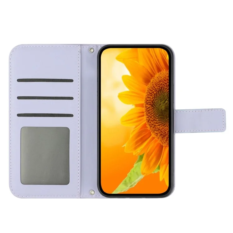 HT04 Per Realme 12 4G / 12+ 5G Custodia a Tracolla Girasole in Pelle PU Flip Wallet Cover - Lilla Chiaro