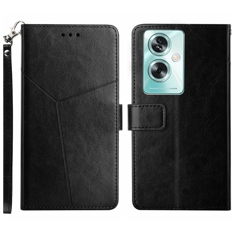 For Oppo Reno11 F 5G / F25 Pro 5G Case with Wrist Strap Y Shaped Lines Imprint Leather Phone Cover - Black