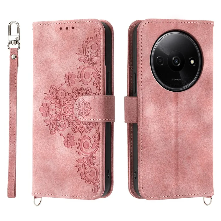 For Xiaomi Redmi A3 / Poco C61 4G Leather Phone Cover Flower Pattern Case Multiple Card Slots - Pink