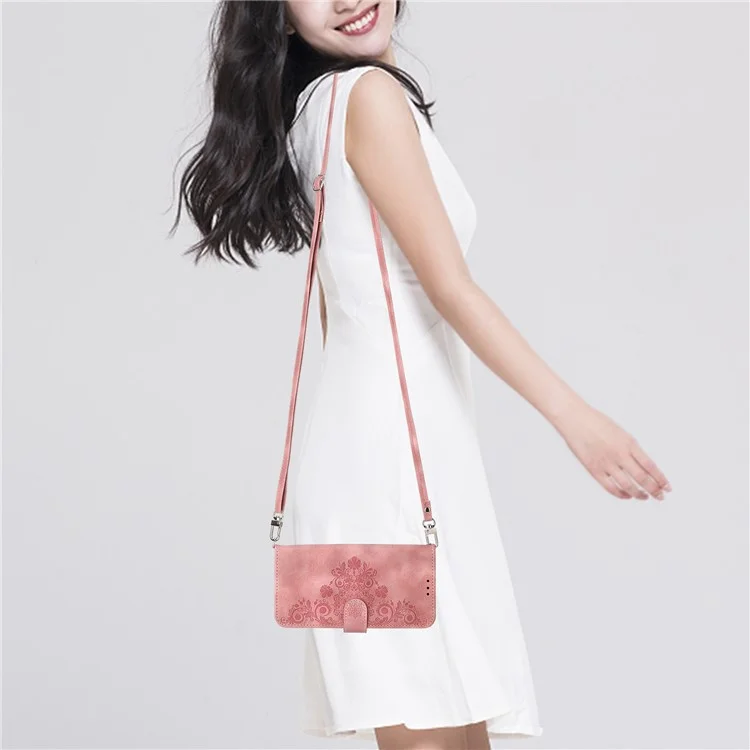 For Xiaomi Redmi K70E 5G / Xiaomi Poco X6 Pro 5G Crossbody Leather Cover Flower Pattern Wallet Case with 2 Straps - Pink