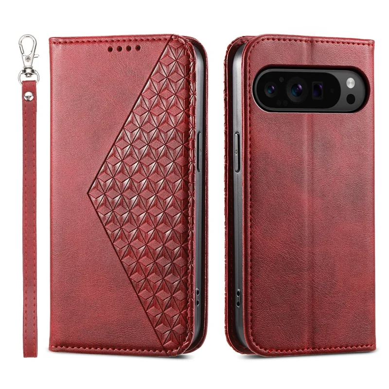 Phone Cover for Google Pixel 9 Pro XL Phone Stand Case PU Leather Rhombus Imprinted Pattern Wallet - Red