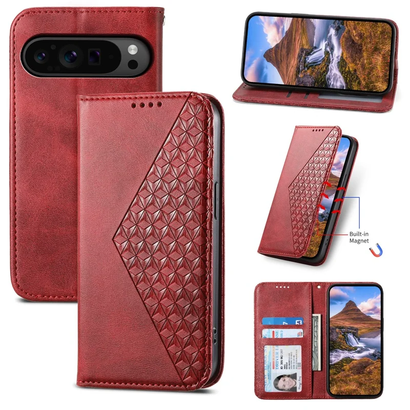 Phone Cover for Google Pixel 9 Pro XL Phone Stand Case PU Leather Rhombus Imprinted Pattern Wallet - Red