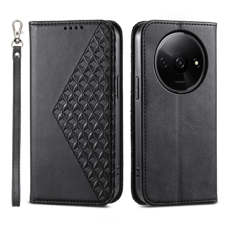 Para Xiaomi Redmi A3 / Poco C61 4G Case PU Leather+TPU Rhombus Imprinted Phone Cover Wallet - Preto