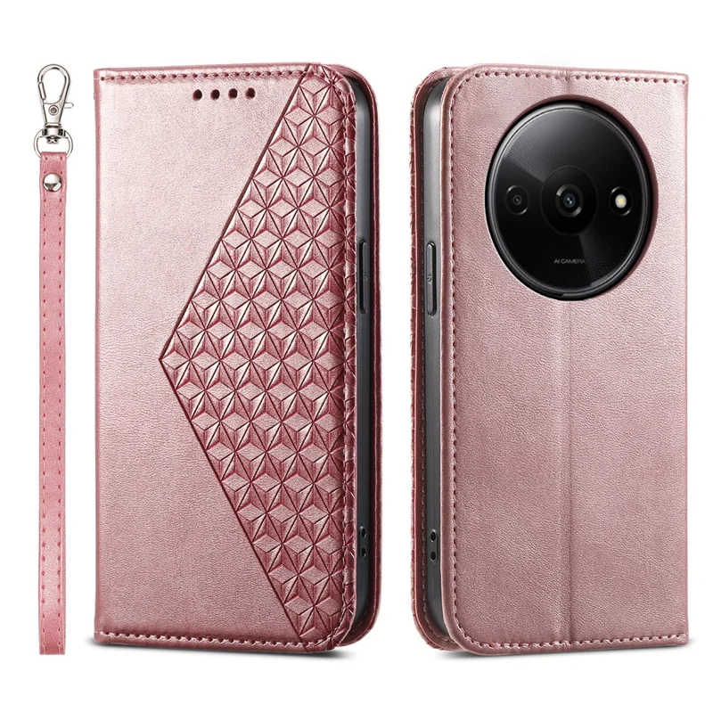 For Xiaomi Redmi A3 / Poco C61 4G Case PU Leather+TPU Rhombus Imprinted Phone Cover Wallet - Rose Gold