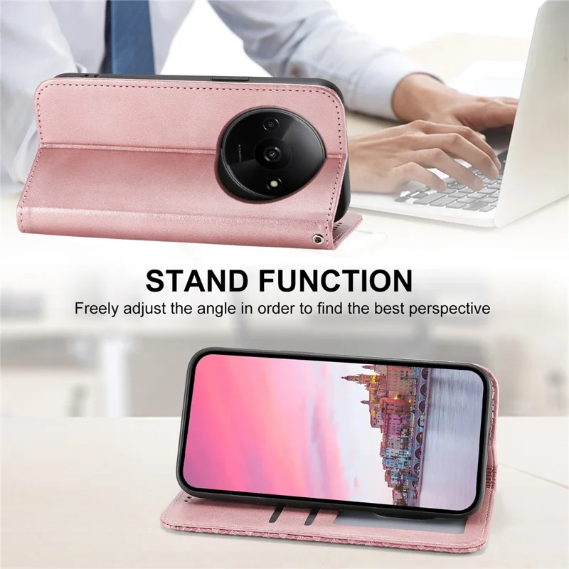 For Xiaomi Redmi A3 / Poco C61 4G Case PU Leather+TPU Rhombus Imprinted Phone Cover Wallet - Rose Gold