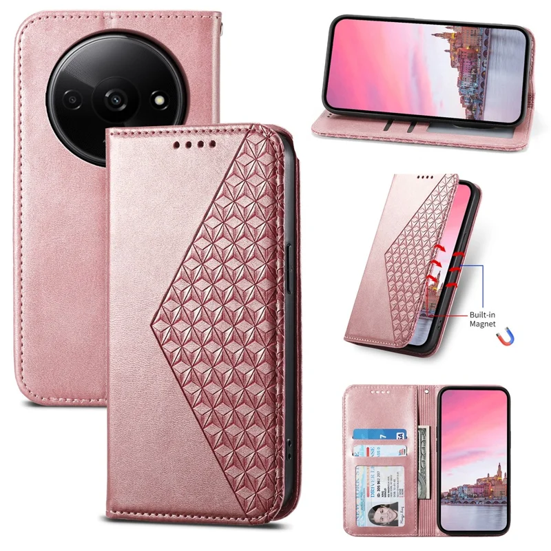 For Xiaomi Redmi A3 / Poco C61 4G Case PU Leather+TPU Rhombus Imprinted Phone Cover Wallet - Rose Gold