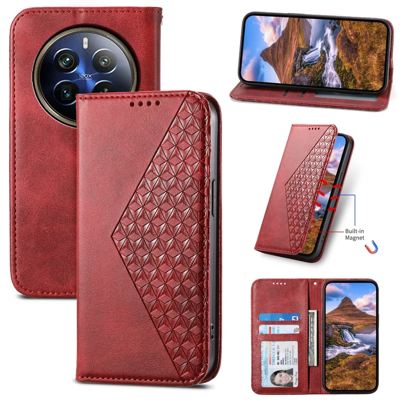 For Realme 12 Pro 5G / Realme 12 Pro+ 5G Case Rhombus Imprinted PU Leather+TPU Phone Cover - Red