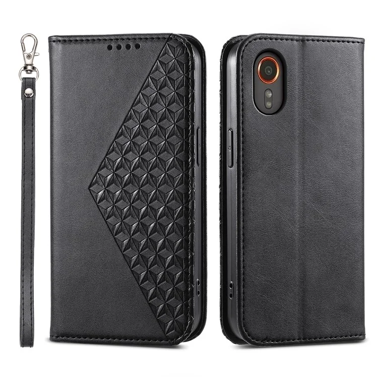 For Samsung Galaxy Xcover7 Case PU Leather+TPU Rhombus Imprinted Cell Phone Stand Cover - Black