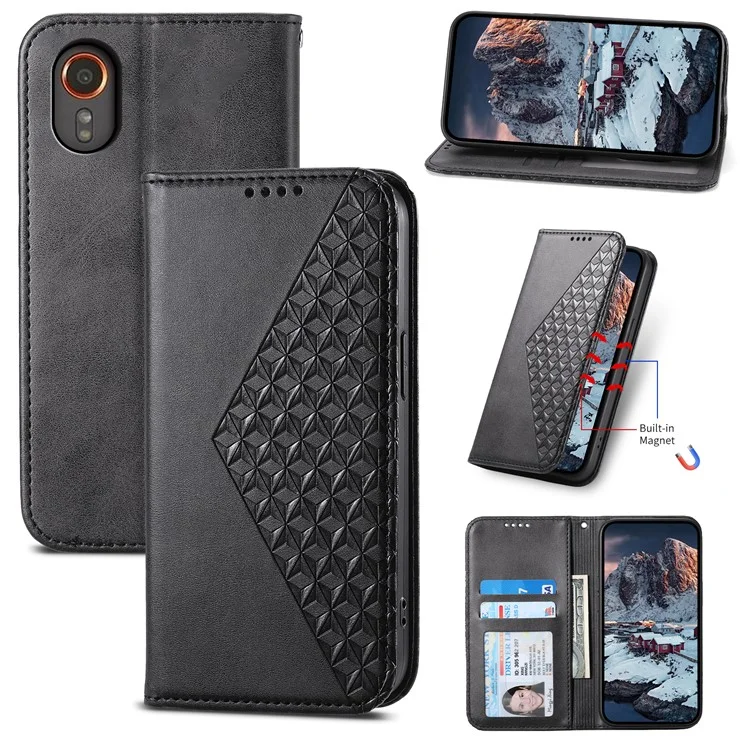 For Samsung Galaxy Xcover7 Case PU Leather+TPU Rhombus Imprinted Cell Phone Stand Cover - Black