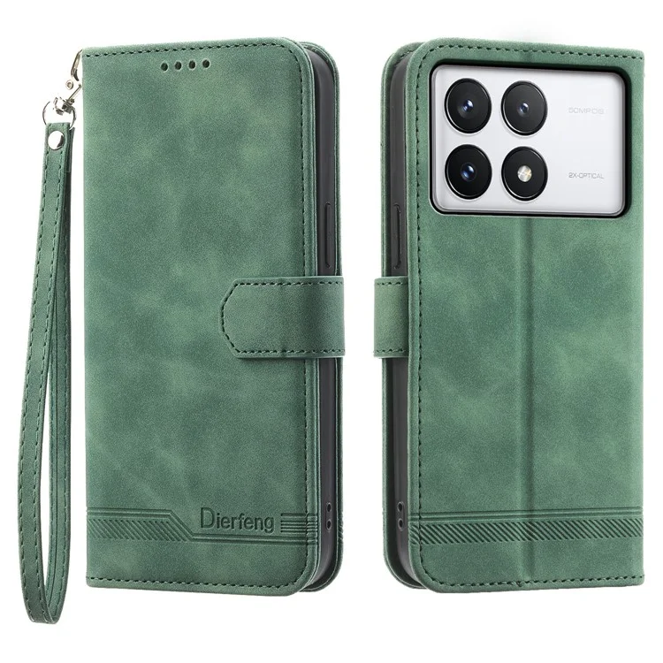 DIERFENG DF-03 Flip Phone Cover para Xiaomi Redmi K70E 5G / Poco X6 Pro 5G Linhas Estampadas Carteira Stand Mobile Leather Case - Verde