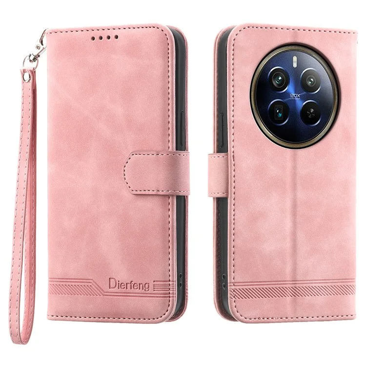 DIERFENG DF-03 Phone Stand Cover for Realme 12 Pro+ 5G / 12 Pro 5G Lines Imprinted Wallet Leather Case - Pink