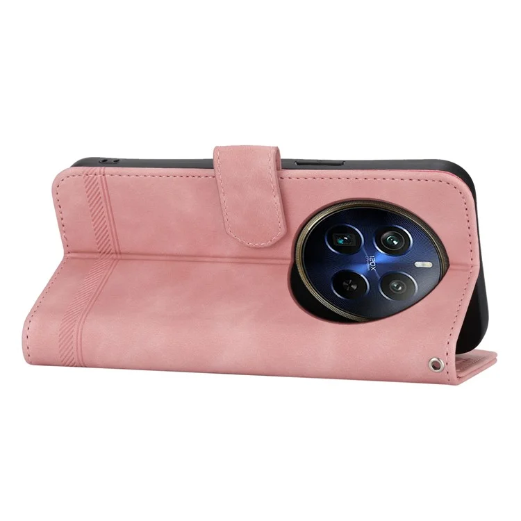 DIERFENG DF-03 Soporte de teléfono Funda para Realme 12 Pro+ 5G / 12 Pro 5G Líneas Funda de Cartera de Cuero con Estampado - Rosa