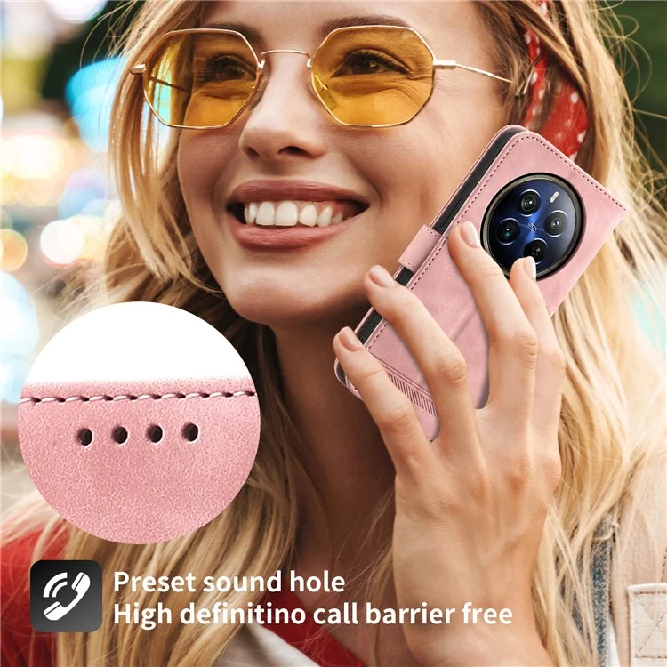 DIERFENG DF-03 Soporte de teléfono Funda para Realme 12 Pro+ 5G / 12 Pro 5G Líneas Funda de Cartera de Cuero con Estampado - Rosa